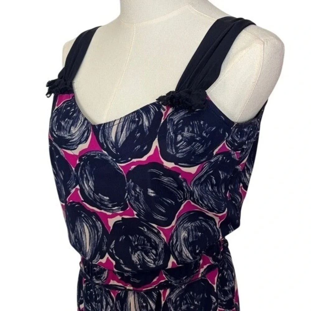 Tory Burch Silk Knit Sleeveless Dress Navy Pink‎ Floral Womens Size M Bow Fringe